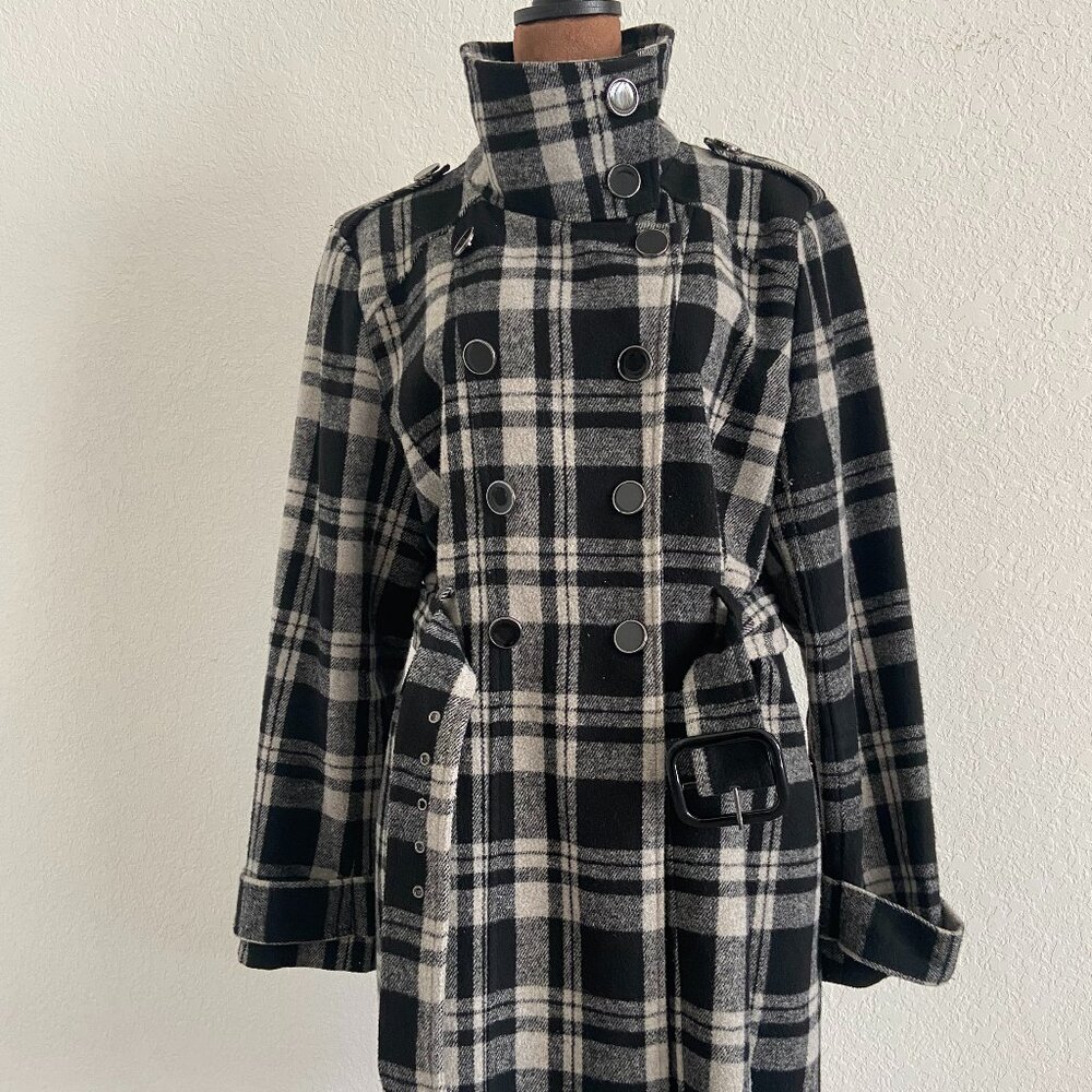 Vintage Women's Pre-Loved Black & White Plaid Trench Coat US Size Large